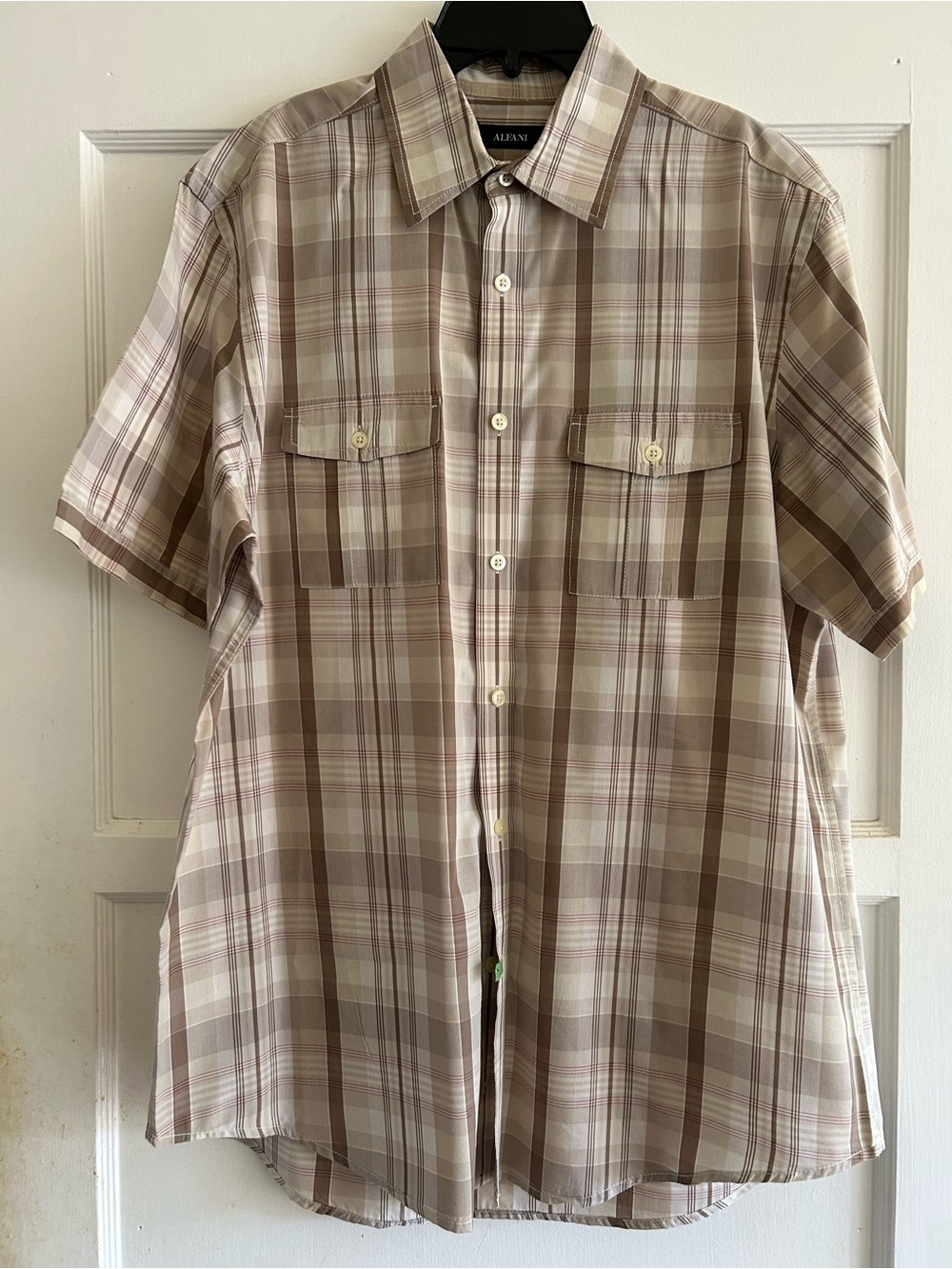 Alfani Beige and Brown Plaid Short Sleeve Button-Down Shirt